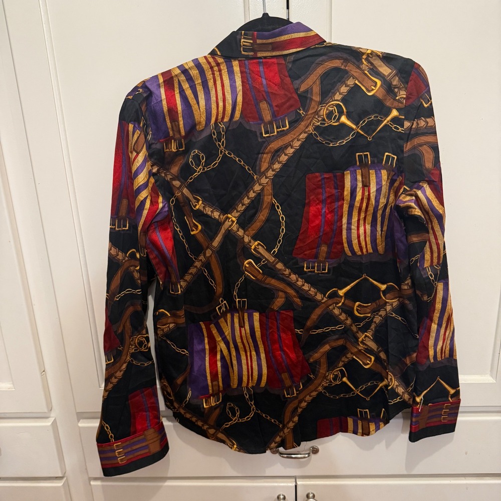 Lauren Ralph Lauren Womens Medium Cotton Equestrian Chain Belt Print Shirt Black - Picture 6 of 6